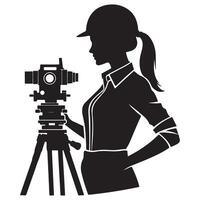 Silhouette of Female Surveyor Using Total Station for Precise Measurement vector