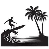 Silhouette of Surfer Riding Wave with Palm Trees Tropical Paradise vector