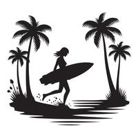 Silhouette of Woman Surfer Running on Beach with Palm Trees vector
