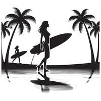 Silhouette of Surfers Walking on Beach with Palm Trees Art vector