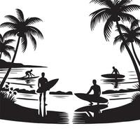 Silhouette of Surfers Enjoying Beach with Palm Trees Graphic vector