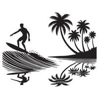 Silhouette Surfer Riding a Wave with Palm Trees Design vector