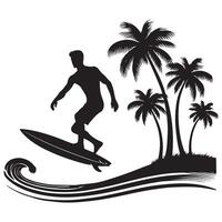 Silhouette of Surfer Riding Wave by Palm Trees Graphic Design vector