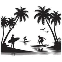 Tropical Beach Surfers Silhouette with Palm Trees and Birds vector