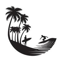 Silhouette of Surfer Riding Wave by Palm Trees Illustration vector