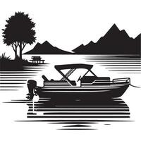 Scenic Pontoon Boat Silhouette Illustration on Peaceful Lakeside Setting vector