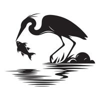 Silhouette Heron Catching Fish Near Water Graphic Image vector