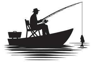 Silhouette of fisherman reeling in fish from boat artwork vector