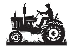 Vintage Tractor Silhouette with Farmer Working on a Sunny Field vector