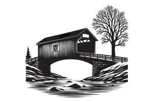 Charming Covered Bridge Illustration with Nature Scenery Graphic vector