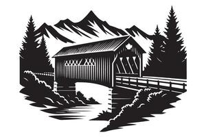 Detailed Silhouette of a Rustic Covered Bridge Surrounded by Nature vector