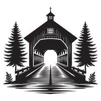 Scenic Covered Bridge Silhouette Art with Water Reflection vector