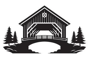 Covered Bridge Illustration with Pine Trees and Rustic Charm vector