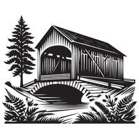 Detailed illustration of a vintage covered bridge with pine tree vector