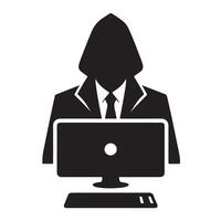 Silhouette Hacker in Suit at Computer Illustrating Cyber Security Threat vector