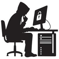 Silhouette Hacker Cracking Password on Computer Representing Data Breach vector