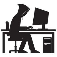 Silhouette Hacker Accessing Network Data via Computer Illustrating Cybersecurity Risks vector