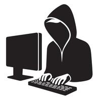 Black silhouette hacker coding at a computer cybersecurity concept vector