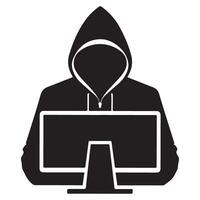 Black silhouette hacker coding behind monitor screen digital protection vector