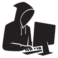 Black silhouette of a hacker coding at a desktop computer vector