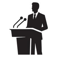Silhouette of a Man Giving Speech at Podium with Microphones vector