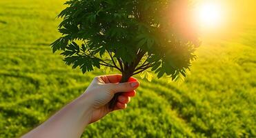 A hand holding a tree in front of a green field photo