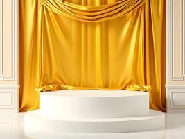 Elegant 3D White Podium with Golden Drapery Backdrop for Product Display, Presentation Stage. photo