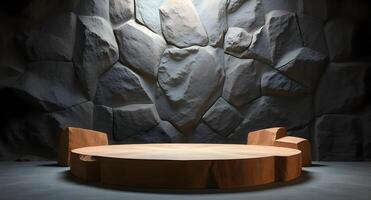 A round table in front of a stone wall photo