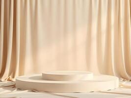 Beige Stage Podium with Curtains for Product Display, Presentation, or Advertisement. 3D Render. photo