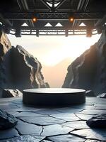 An empty stage with rocks and a spotlight photo