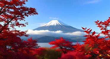 A beautiful view of a mountain with red trees photo