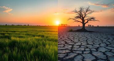 A tree and a field are shown in two different pictures photo
