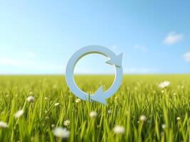 3d render of a circular symbol on a green field with daisies photo