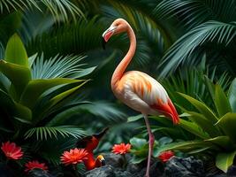 A flamingo stands in front of some plants photo