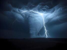 A tornado is seen in the sky with lightning photo