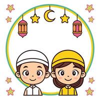 Happy Muslim kids with lanterns and stars in a circular frame. vector