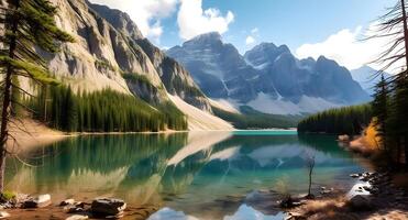 A mountain lake surrounded by trees and rocks photo