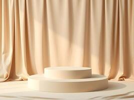 Elegant Beige Podium with Curtains, Display Stage for Product Presentation, Minimalist Background, Mockup. photo
