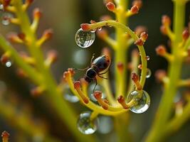 A bug is sitting on a plant with water droplets photo