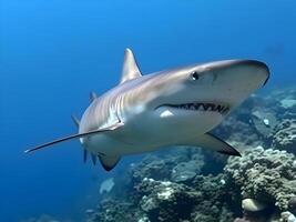 A large shark swimming in the ocean near coral reefs photo