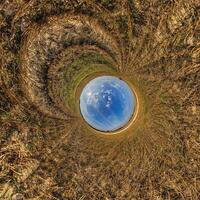 A view of a circular field with grass and sky photo