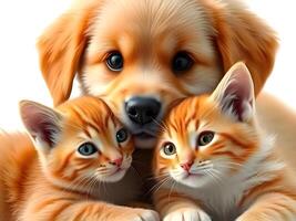 A dog and two kittens are cuddled together photo