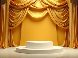 Golden Stage with White Platform and Drapes for Presentations, Performances, Awards, Events, and Ceremonies. photo