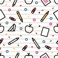 Seamless pattern of school supplies, apples, and confetti on lined paper. vector