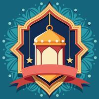 Festive Ramadan lantern with stars and banner in ornate frame. vector