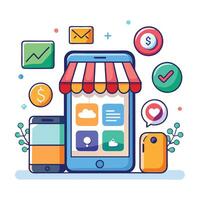 Mobile phone e-commerce app with icons showing online shopping, payment, and communication. vector