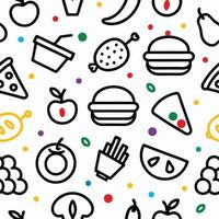 Seamless pattern of various food and fruits in doodle style. vector