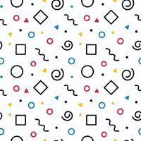 Seamless pattern with colorful geometric shapes and wavy lines on white background. vector
