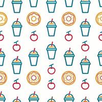 Seamless pattern of donuts, cherries and drinks in cartoon style. vector