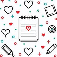 Notepad with hearts, pencils, and shapes on white background. vector